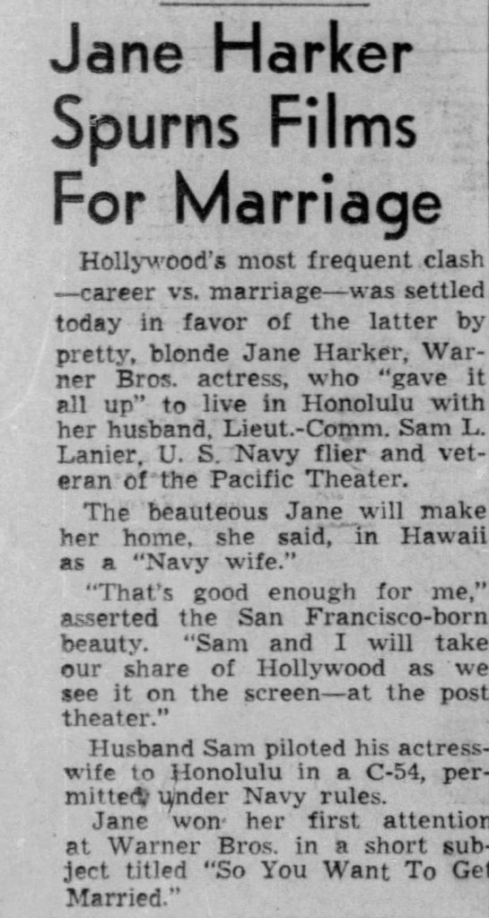 Newspaper article titled 'Jane Harker Spurns Films For Marriage' discussing Jane Harker's decision to leave her acting career for marriage.
