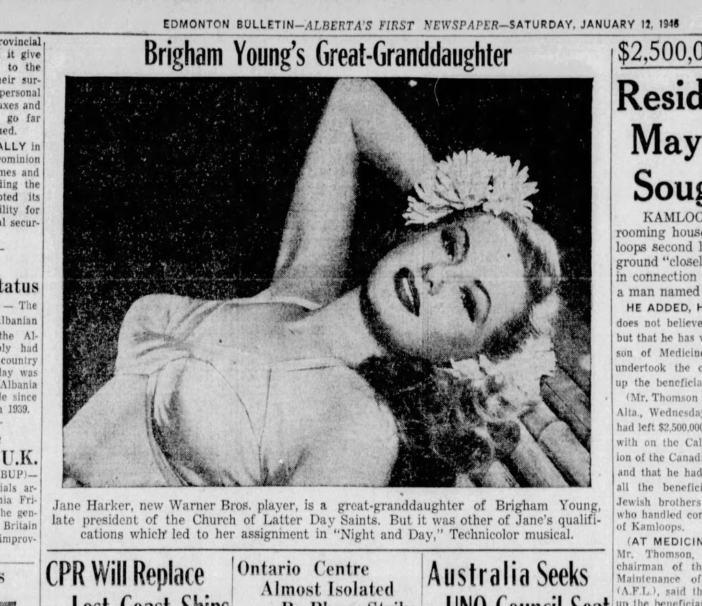 A newspaper article featuring Jane Harker, a Warner Bros. actress, describing her as Brigham Young's great-granddaughter and mentioning her role in the film 'Night and Day.'