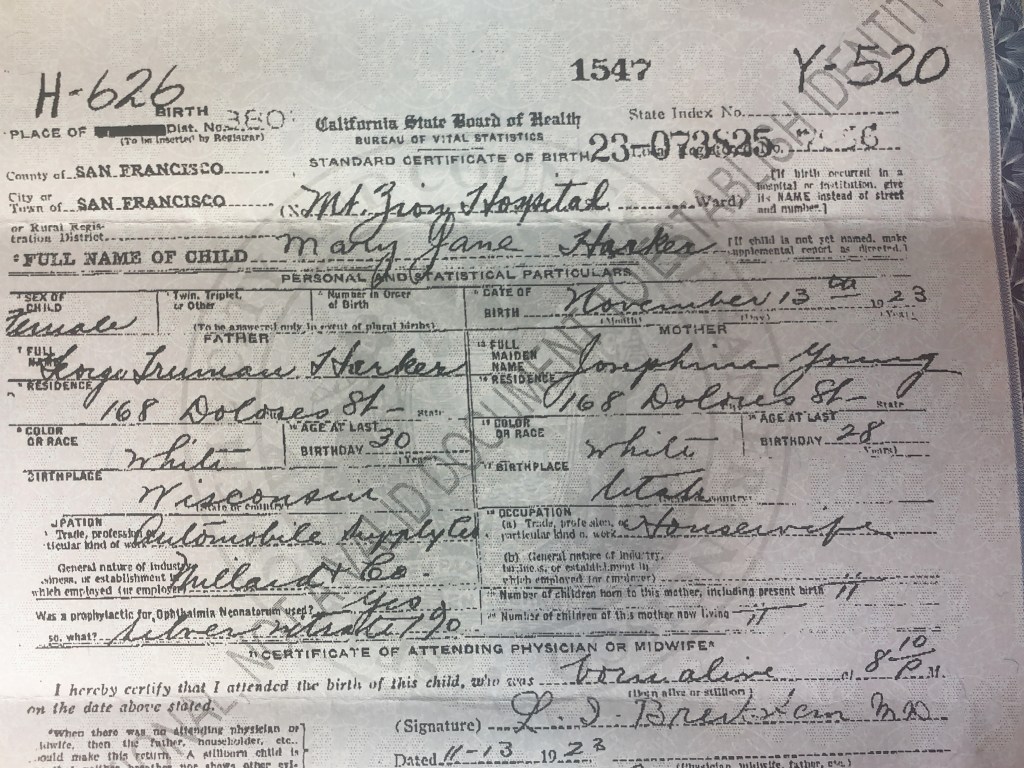 Birth certificate of Mary Jane Harker, detailing her parents and place of birth.