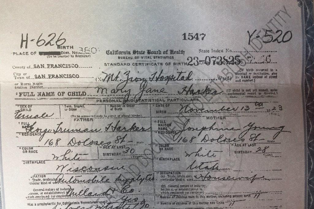 Birth certificate of Mary Jane Harker, detailing her birth date and parents' information.