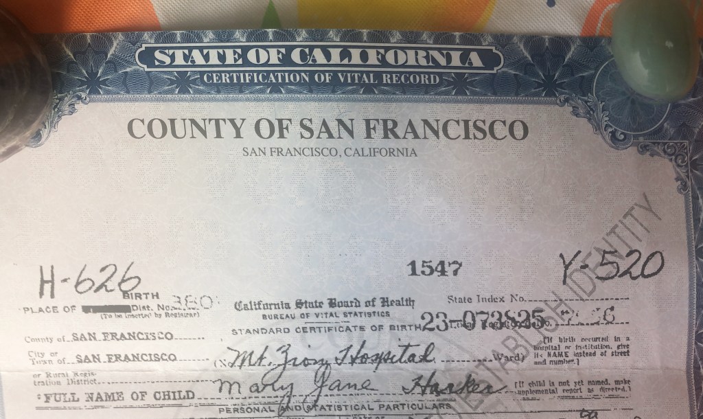 Birth certificate of Mary Jane Harker from San Francisco, California, detailing her birth date as November 13, 1923.