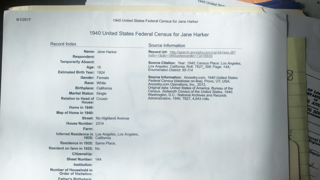 Scan of the 1940 United States Federal Census for Jane Harker, detailing her personal information such as age, birthplace, and residence.