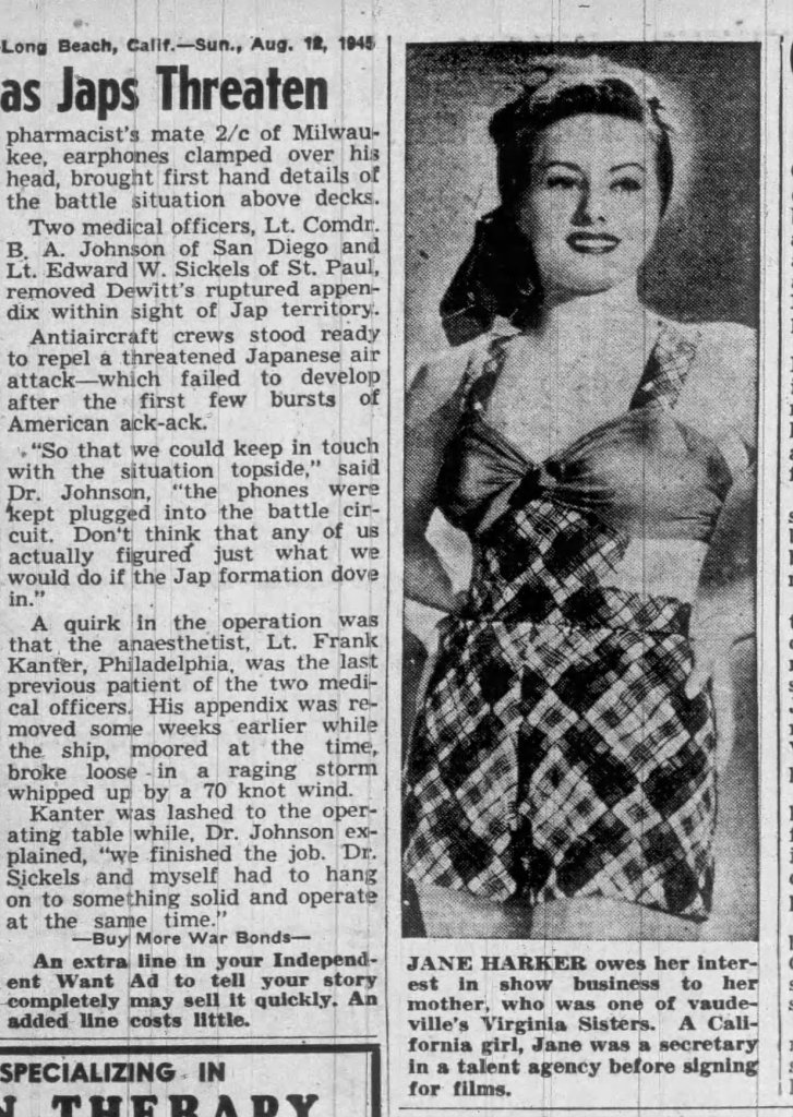 Newspaper clipping featuring Jane Harker from the Long Beach newspaper dated August 12, 1945, showcasing an article about World War II with a portrait of Harker.