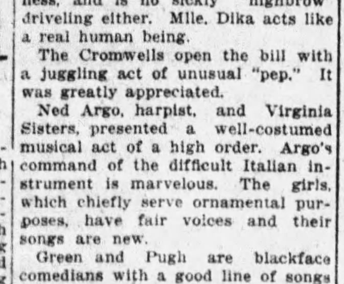 Scanned excerpt from a newspaper review discussing a performance by Ned Argo and the Virginia Sisters, highlighting their musical act.