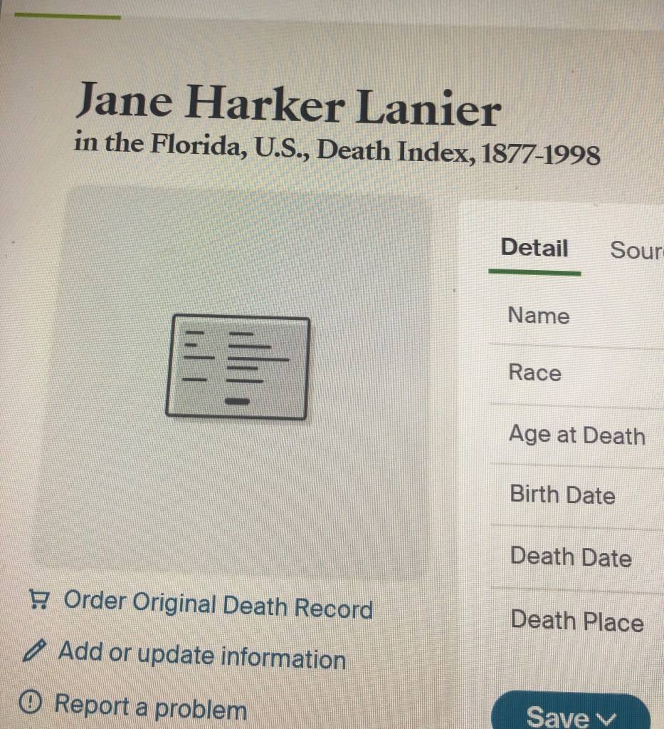 Screenshot of Jane Harker Lanier's entry in the Florida Death Index, detailing her name, birth date, death date, and other relevant information.