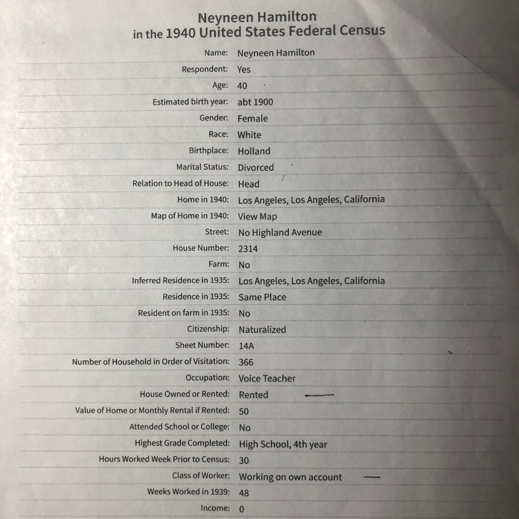 1940 United States Federal Census document for Neyneen Hamilton, detailing personal information including age, birthplace, occupation, and residence.