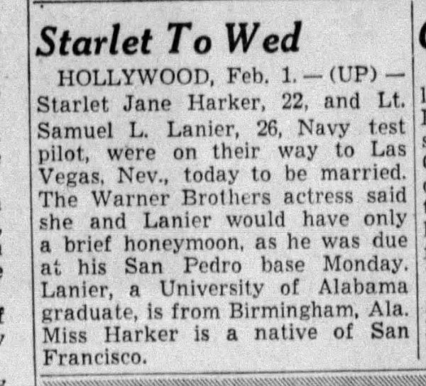 Newspaper clipping announcing the marriage plans of starlet Jane Harker and Lt. Samuel L. Lanier.